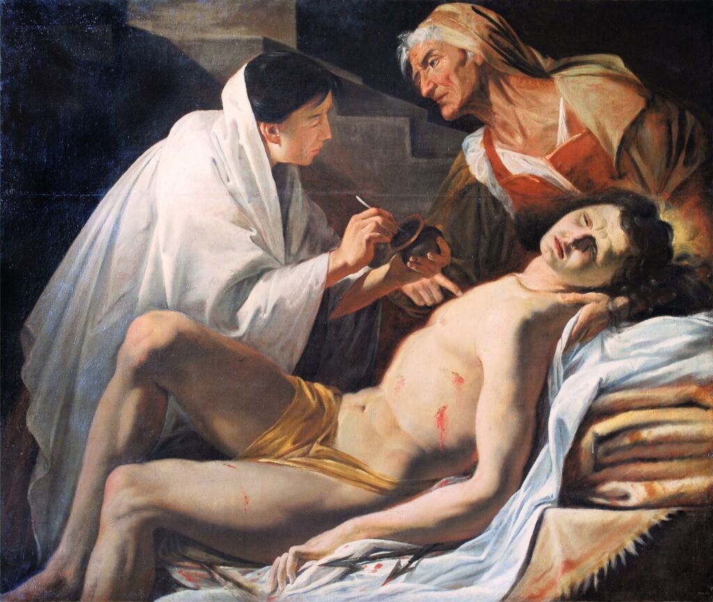 •Jacques Blanchard (Parigi 1600 - 1638) | San Sebastiano curato dalle pie donne, olio su tela, cm 115 x 130